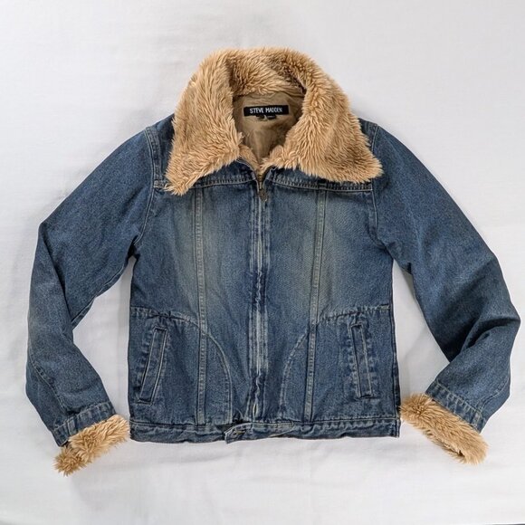 Vintage Jackets & Blazers - VTG Blue Denim Tan Faux Fur Trim Bleached Denim Trucker Jacket Y2k
